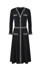Jemarie Chic Black Knit Pleated Midi Dress with Contrast Trim