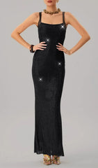Jouncegrid Black Rhinestone Backless Maxi Dress