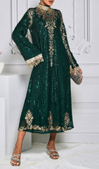 Crispina Emerald Green Sequin & Gold Embellished Long Sleeve Midi Dress