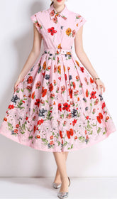 Fusca Elegant Pink Floral Belted Midi Shirtdress