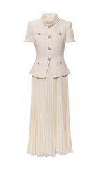 Elegant Cream Embellished Tweed-Style & Pleated Midi Dress