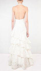 Ellie White Halter Lace Tiered Ruffle Maxi Dress