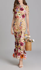 Elegant Floral Embroidered Mesh Fishtail Midi Dress