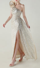 Ikia Silver Sequin One-Shoulder Maxi Dress
