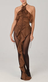 Estelle Brown Halter Ruched Ruffle Mini Dress