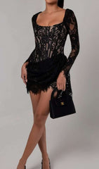 Callan Black Lace Long Sleeve Corset Mini Dress