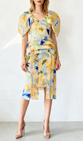 Janis Vibrant Yellow Floral Puff Sleeve Midi Dress