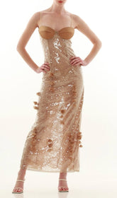 Hiroshi Dazzling Sequin & 3D Floral Maxi Dress