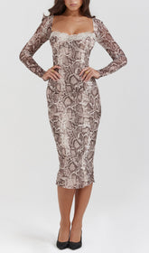 Chic Serpentine Print Long Sleeve Midi Dress with Lace Trim