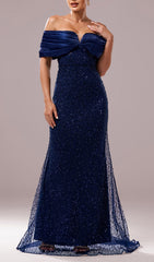Dorit Navy Off-Shoulder Sequin Maxi Gown