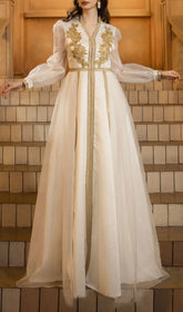 Freira Elegant Gold Embroidered Long Sleeve Maxi Dress