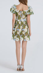 Whimsical Daisy Embroidered Puff Sleeve Mini Dress