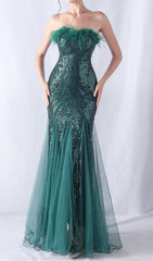 Choire Emerald Green Sequin Feather Mermaid Maxi Gown
