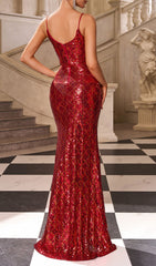 Irka Dazzling Red Sequin Strappy High Slit Maxi Dress