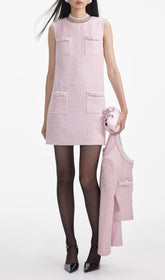 Elegant Pink Boucl Mini Dress with Pearl & Bow Pockets
