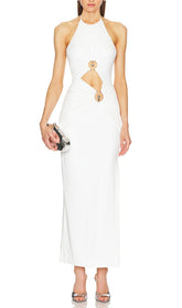 Daniela White Halter Cutout Bandage Maxi Dress with Luxe Hardware