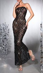 Halleli Dazzling Black Strapless Diamante Maxi Gown