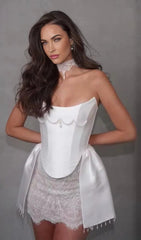 Glamorous Pearl & Lace Strapless Mini Dress with Corset Bodice