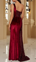 Brittnee Dazzling Red Sequin & Velvet One Shoulder Ruched Maxi Gown
