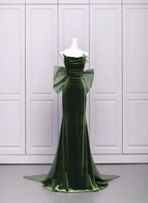 Green Velvet Straps Low Back Evening Dress