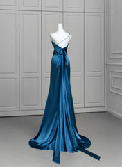 Blue Soft Satin Long Prom Dress with Leg Slit