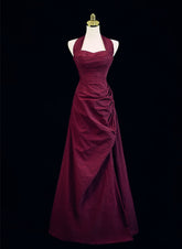 Vestido de fiesta largo con escote en forma de A, corte en A, color rojo vino