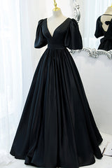 Black Satin Deep V-neckline Long Formal Dress