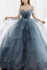 Blue Tulle Beaded Long Unique Straps Prom Dress