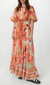 Haku Vibrant Floral Puff-Sleeve Maxi Dress
