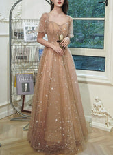 Champagne Tulle Long Evening Gown Party Dress