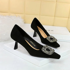 Party Pumps Thin High Heels Flock Shallow Mouth Square Toe Metal Crystal Buckle Single Shoes Black