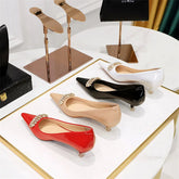 Thin Middle Heel Shoes Patent Leather Shallow Mouth Pointed Toe Rhinestone Metal Party Single Shoes