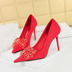 Pointed Toe Suede Rhinestone Pumps Bow Knot Luxury Gemstone Party Thin High Heel Single Shoes