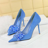 Pointed Toe Suede Rhinestone Pumps Bow Knot Luxury Gemstone Party Thin High Heel Single Shoes
