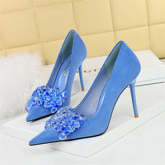 Pointed Toe Suede Rhinestone Pumps Bow Knot Luxury Gemstone Party Thin High Heel Single Shoes