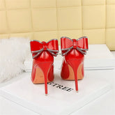 Patent Leather High Heels Rear Rhinestone Bow knot Pumps Shallow Mouth Pointed Toe Single Shoes
