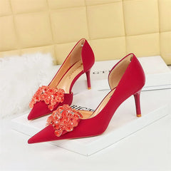 Rhinestone Pumps Bow knot Retro Pointed Toe High Heels Side Hollow Party Luxury Gemstone Stilettos Shoes