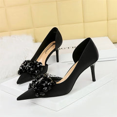 Rhinestone Pumps Bow knot Retro Pointed Toe High Heels Side Hollow Party Luxury Gemstone Stilettos Shoes