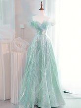 A-line Mint Green Tulle and Sequins Long Prom Dress
