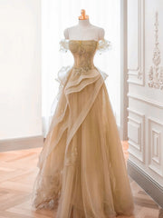 A-line Champagne Tulle with Lace Applique Prom Dress
