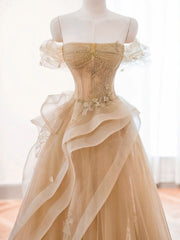 A-line Champagne Tulle with Lace Applique Prom Dress