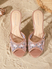 Floral Embroidered Mesh High Heel Mules Peep Toe Stiletto Slippers Sexy Party Shoes