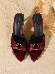 Wine Red Satin Heeled MulesOpen Toe Metal Decor Thin Heel SandalsWedding Party