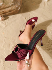 Wine Red Satin Heeled MulesOpen Toe Metal Decor Thin Heel SandalsWedding Party