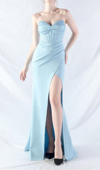 Chizue Elegant Sky Blue Strapless Corset Maxi Gown with High Slit