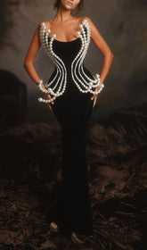 Debra Black Pearl Cascade Strapless Maxi Gown