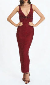 Jenaya Red Pearl Embellished Bodycon Maxi Gown