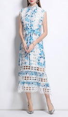 Errin Chic Blue Floral Lace Hollow Out Midi Dress