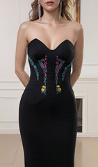 Gracelyn Black Strapless Floral Embroidered Maxi Gown