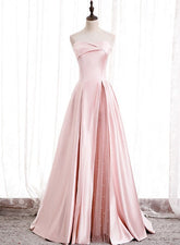 Vestido de fiesta largo de satén rosa con perlas